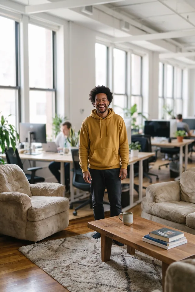 A cluttered room swapped for a modern office